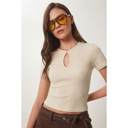Geribbelde Crew Neck Cut Out Crop Top