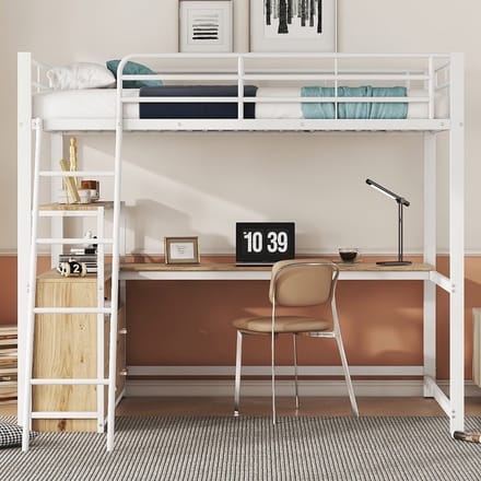 Hoogslaper 140x200 met Bureau – Metalen Frame – Zonder Matras – Wit – L-Vorm – L-Vormig Hoofdbord – Lades – Opbergruimte – Bed met Bureau