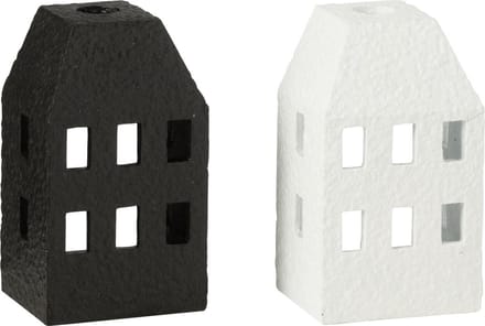 J-Line kandelaar Huis - cement - zwart/wit - 2 stuks