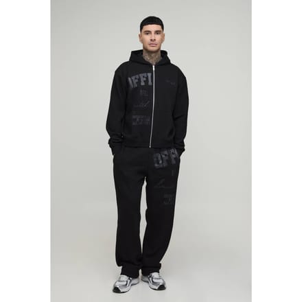 Lang Oversized Boxy Officieel Tonaal Print Ritssluiting Hoodie Trainingspak | Black | Size Small