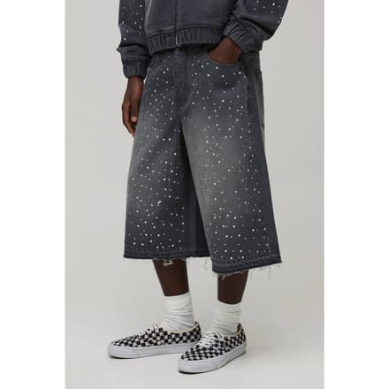Gewassen Denim Jorts Met Strass En Verlengde Pasvorm | Grey | Size 42