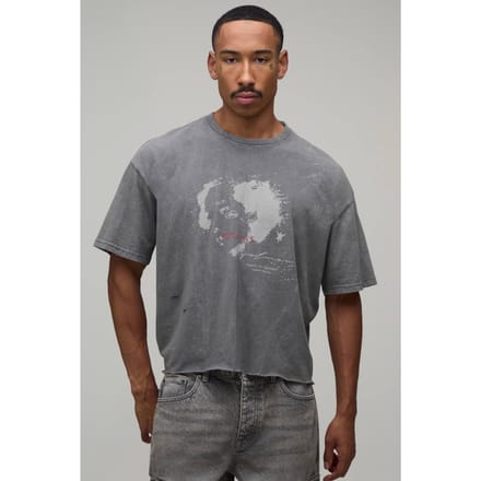 Oversized Gekrompen Distressed Grunge Print Vintage Gewassen T-shirt | Washed Charcoal | Size Medium