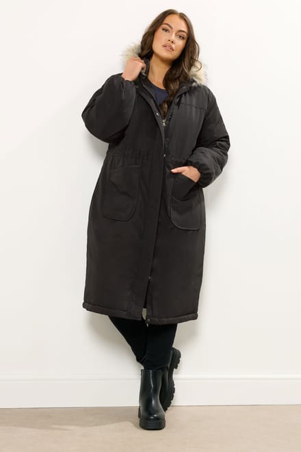 Yours Zwarte Lange Luxe Parka Jas Size 42