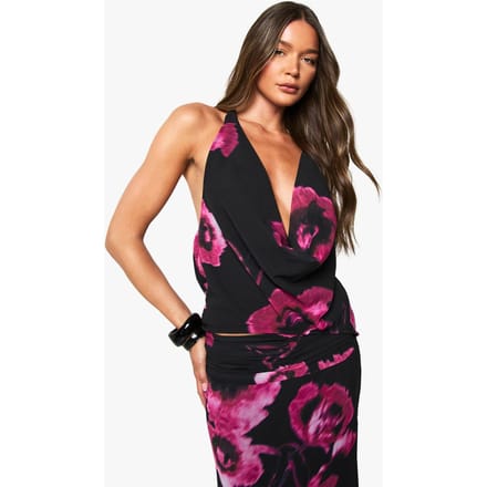 boohoo Dames Floraal chiffon haltertop met cowl-nek | Zwart | Maat: 38