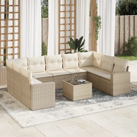 vidaXL - 10-delige - Loungeset - met - kussens - poly - rattan - beige