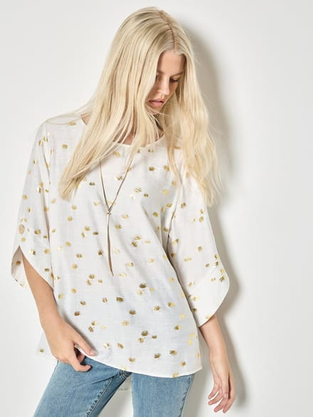 Oversized top met waaierprint in goudfolie