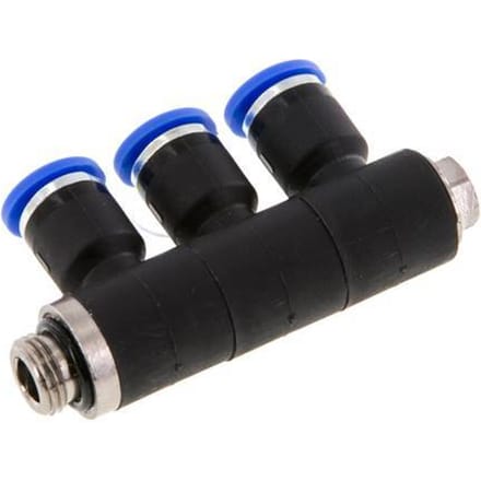6mm x G1/8'' 3-way Manifold Messing/PA 66 Insteekfitting Buitendraad Draaibaar NBR
