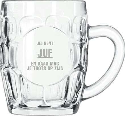 Gegraveerde Bierpul 55cl Jij bent Juf en daar mag je trots op zijn