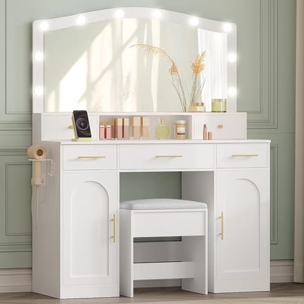 Kaptafel met spiegel - Make-uptafel met kruk - Schoonheidsroutine - Geïntegreerde verlichting - 40 x 108 cm - Wit