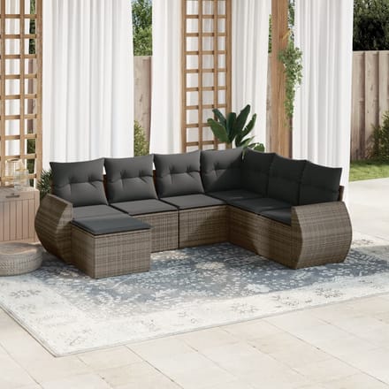 vidaXL - 7-delige - Loungeset - met - kussens - poly - rattan - grijs