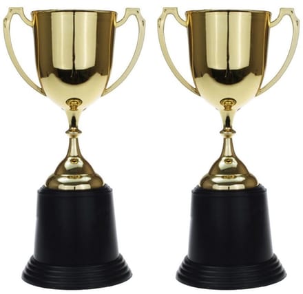 Gouden trofee/prijs beker met oren - 2x - 22 cm - met ruimte voor tekst - kunststof