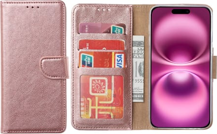 Hoesje Geschikt voor iPhone 16 – Arara bookcase met pasjeshouder - Rosegoud