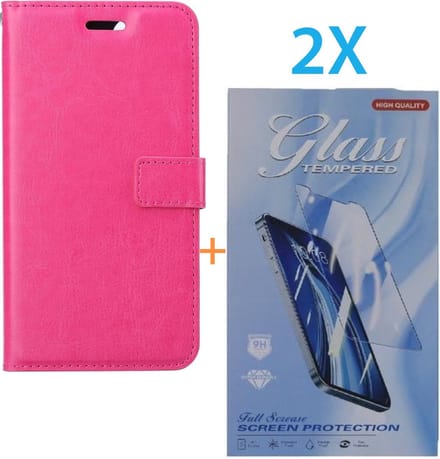 Bookcase Geschikt voor: Apple iPhone 16 Pro Max - Roze - portemonnee hoesje - + 2X Tempered Glass Screenprotector