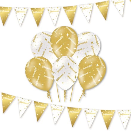 Q2P - Gefeliciteerd - Slingers - Ballonnen - Wit & Goud Set - Verjaardag Versiering - Helium Ballon