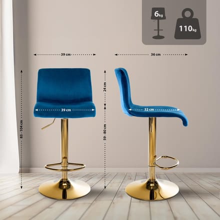 CLP Barkruk Hover - met rugleuning - verstelbaar - draaibar - metalen frame - fluweel - goud/blauw