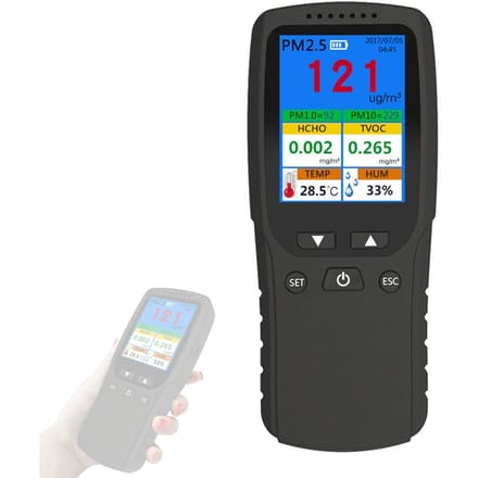 Draagbare PM2.5-detector voor binnen, multifunctionele thermohygrometer, digitale LCD-luchtdetector voor thuis zwart