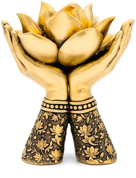 Theelichthouder Lotus handen staand goudkleurig – 14 cm x 11.2 cm x 17 cm