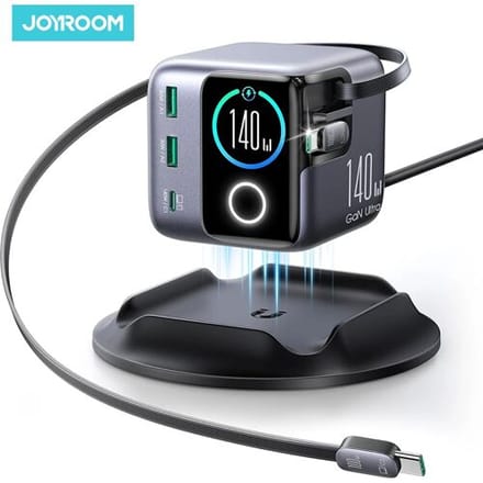 Joyroom 140W GaN desktoplader USB C & USB A Smart Display snellader met intrekbare kabels voor telefoons, tablets, laptops zwart