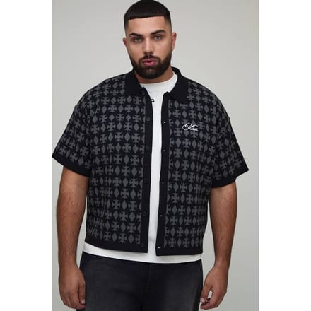 Plus oversized boxy fit jacquard patch gebreide overhemd | Black | Size 2XL