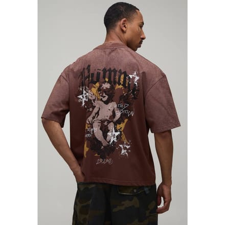 Chocoladebruin Oversized Boxy Homme Cherubijn Grafische Spray Wash T-shirt | Chocolate | Size Medium
