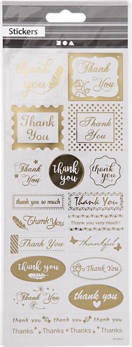 Stickers, thank you, vel 10x24 cm, ca. 19 stuk, goud, 1 vel