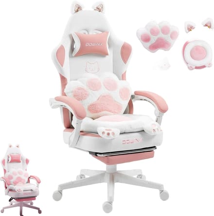 Dowinx Gamingstoel – Kattenpoot-design – Roze – Stoffen – Voetsteun – Verstelbaar – Ergonomisch