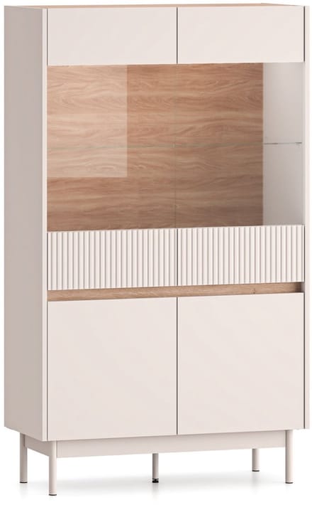 Selsey Dunea – Vitrinekast 4-deurs, glas & LED, Kasjmier grijs/eikenlook, 92 cm