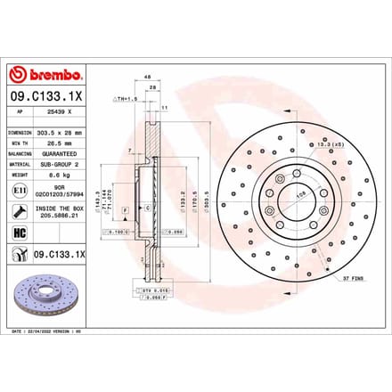 Remschijf BREMBO 09.C133.1X, 1 stuk