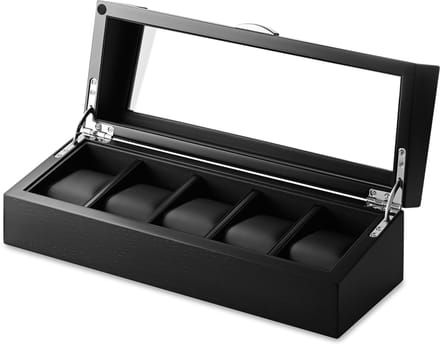 Zwarte Fineer Horloge Displaybox met 5 Vakken