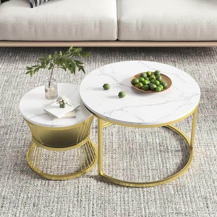 Set van 2 Ronde Salontafels, Uitschuifbaar, Met Marmereffect, Modern Woonkamer Meubel