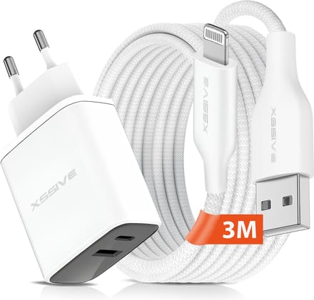 Oplaadstekker met 2 Poorten en geschikt voor iPhone USB Kabel 3 Meter - Snellader