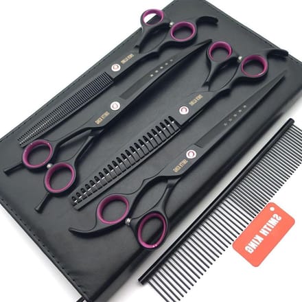 Professional Dog Grooming Scissors Set - 8 Inch Straight Thinner Curved Chunkers with Comb - Black