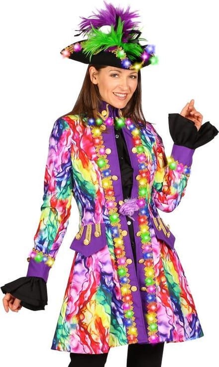 Luxe dames carnavalsjas lang model color rain met LED verlichting
