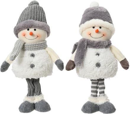 Decoris - Kerstdecoratie Sneeuwpoppen - Set van 2 – Polyester - Grijs/Sneeuw - H37 cm