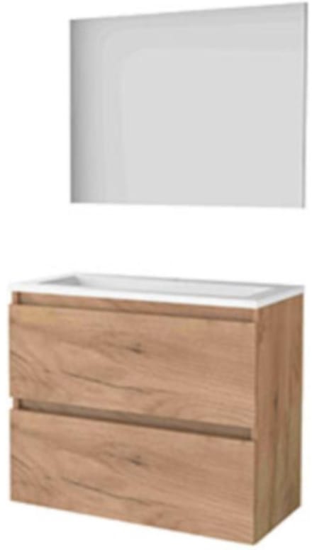 Basic-Line Basic 39 Badkamermeubelset - Ondiep - 80 x 39 cm - Greeploos - 2 Lades - Acryl Wastafel - 1 Kraangat - Spiegel - Whisky Oak