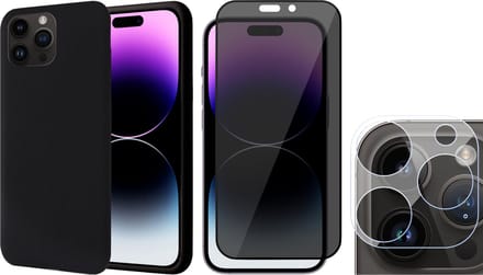 Hoesje geschikt voor iPhone 14 Pro - Privacy Screenprotector FullGuard & Camera Lens Screen Protector - Back Cover Case SoftTouch Zwart