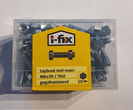 Tapbout met Moer. M6 x 30mm. lang. Verzinkt. 70 stuks Bouten. Ifix.