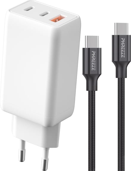 Usb C Adapter 3 Poorten + usb C naar usb C Kabel - GaN 65w Snellader usb-C - 1 Meter Lang - Usb C Stekker Lader Oplader