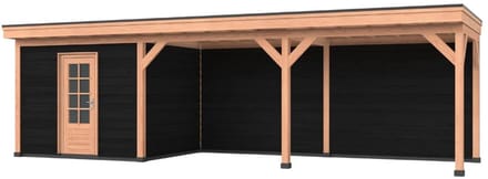 Douglas overkapping, 900 x 300, Met achterwand en schuur, Westwood Comfort Basic zwart
