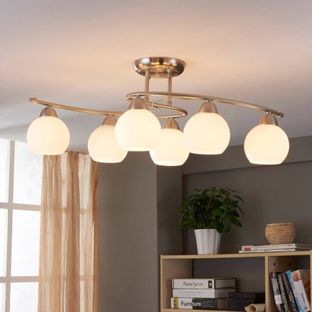 Lindby - plafondlamp - 6lichts - Glas, metaal - H: 25 cm - E14 - wit, mat nikkel