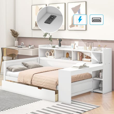 Daybed 90x200 - Slaapbank met Bureau, USB en 2 Lades - Spaanplaat - Wit