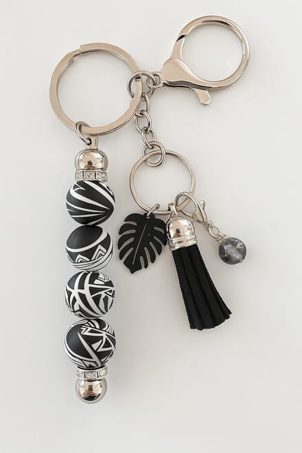 Sleutelhanger, tashanger | zwart, wit | 3 bedels| kwastje | tribal