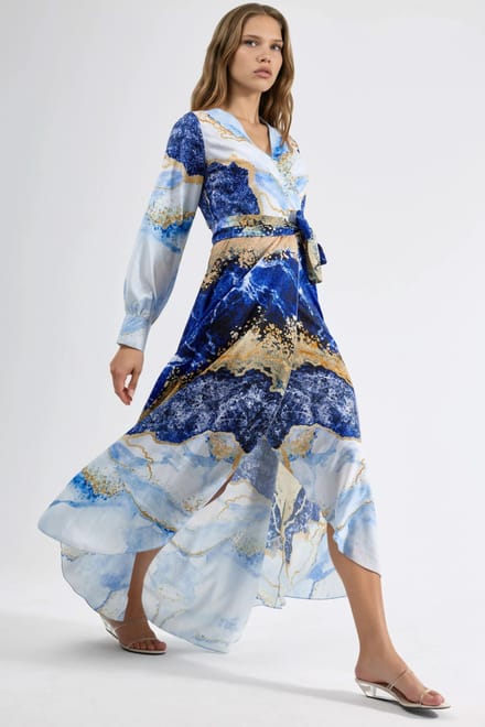 Abstracte Print Lange Mouw Maxi Jurk met Strikdetail