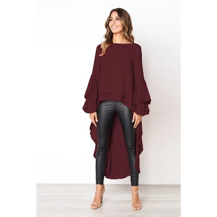 Pull à manches longues en mousseline de soie pour femme, haut irrégulier en mousseline de soie, automne et hiver XL rouge vin