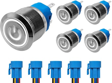 ProRide Drukschakelaar ON-OFF 220V - 22mm Metaal - Waterdicht - LED Wit - Met Kabels - 5 stuks