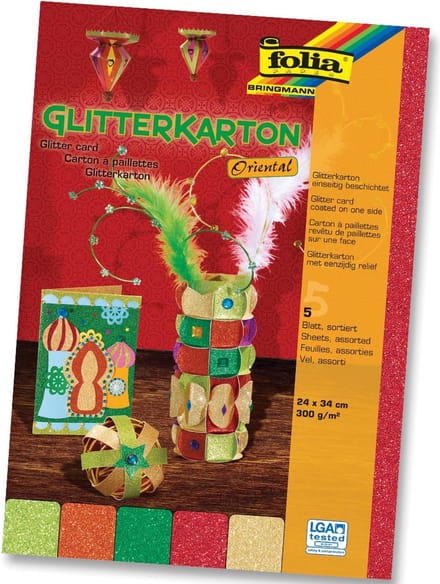 Folia Glitterkarton Oriental (geel oranje rood helgroen en donkergroen)