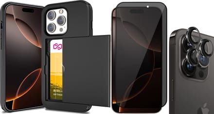 Hoesje met Pasjeshouder geschikt voor iPhone 16 Pro Max - Privacy Screenprotector FullGuard & Camera Lens Screen Protector Zwart - Back Cover SlideCase Zwart
