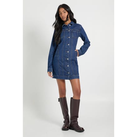boohoo Dames Hoge Westerse Denim Minijurk | Indigo | Maat: 6