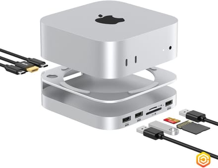 Casecentive - Aluminium 8-in-1 Dockingstation Hub Stand - Geschikt voor Mac Mini M4/M4 Pro - HDMI - USB C - USB A - (Micro)SD card - SSD Slot - Zilver