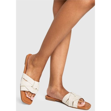 boohoo Dames Brede pasvorm geweven basic mule sandalen | Natural | Maat: 39